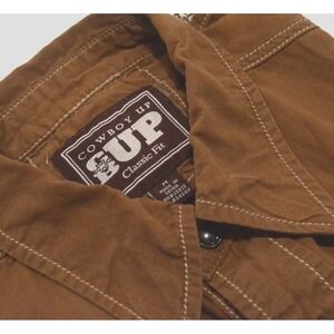 Cowboy Up Men's Size M Western Shirt Brown Embroidery Pearl Snap Utility Opening